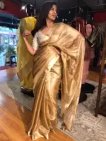 Gold Caramel Tussar Tissue Silk Saree - Image 6