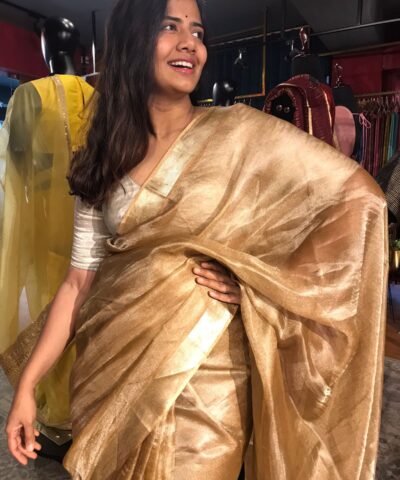Gold Caramel Tussar Tissue Silk Saree