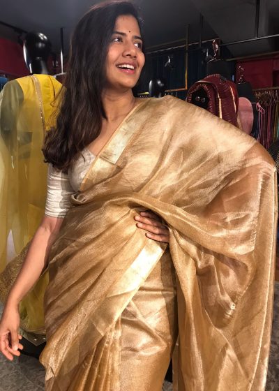 Gold Caramel Tussar Tissue Silk Saree