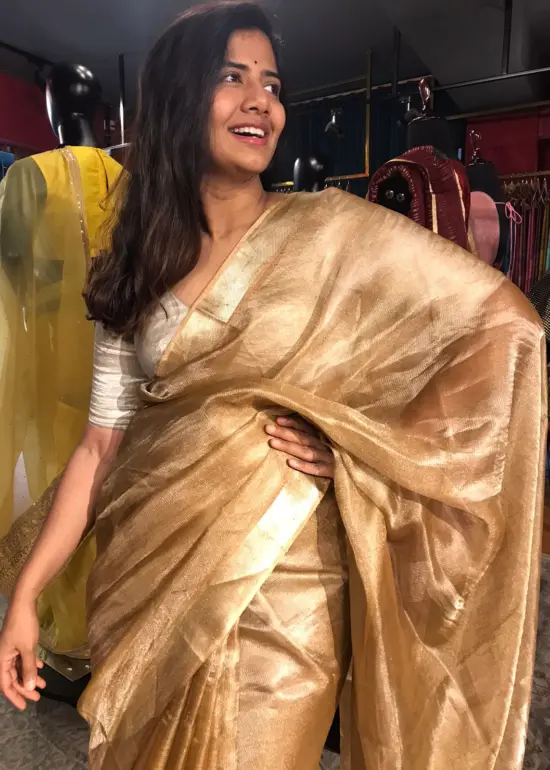 Gold Caramel Tussar Tissue Silk Saree