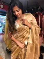 Gold Caramel Tussar Tissue Silk Saree - Image 5