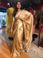 Gold Caramel Tussar Tissue Silk Saree - Image 2