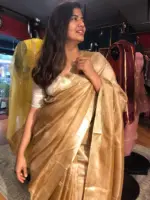 Gold Caramel Tussar Tissue Silk Saree - Image 4