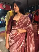 Dark Brown Organza Silk Saree with Gold Silver Zari Stripes