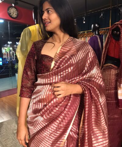 Dark Brown Organza Silk Saree with Gold Silver Zari Stripes