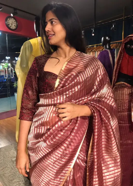 Dark Brown Organza Silk Saree with Gold Silver Zari Stripes