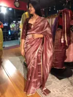 Dark Brown Organza Silk Saree with Gold Silver Zari Stripes - Image 6