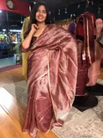 Dark Brown Organza Silk Saree with Gold Silver Zari Stripes - Image 3