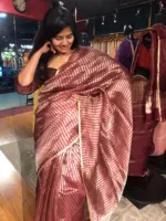 Dark Brown Organza Silk Saree with Gold Silver Zari Stripes - Image 4