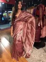 Dark Brown Organza Silk Saree with Gold Silver Zari Stripes - Image 5