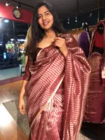 Dark Brown Organza Silk Saree with Gold Silver Zari Stripes - Image 2