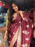 Dark Maroon Dola Silk Saree with Gota Weaves