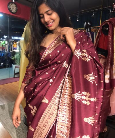 Dark Maroon Dola Silk Saree with Gota Weaves
