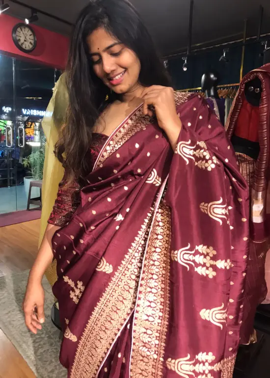 Dark Maroon Dola Silk Saree with Gota Weaves