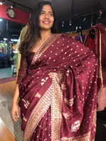 Dark Maroon Dola Silk Saree with Gota Weaves - Image 4