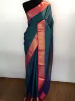 Peacock blue kora Silk Saree highlighted with zari weaves - Image 3