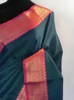 Peacock blue kora Silk Saree highlighted with zari weaves - Image 6