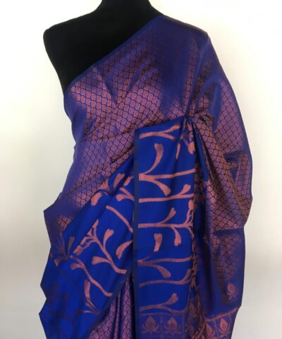 Royal blue kora Silk Saree highlighted with zari weaves