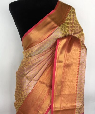 Yellow kora Silk Saree highlighted with zari weaves