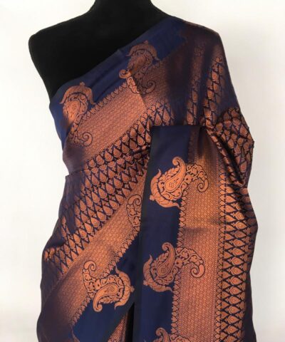 Navy blue Banarasi Silk Saree highlighted with zari weaves