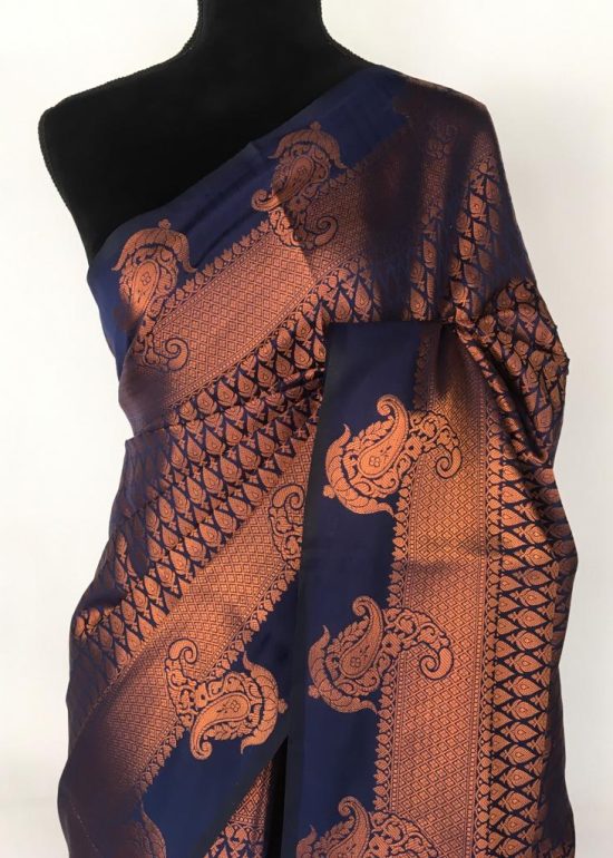 Navy blue Banarasi Silk Saree highlighted with zari weaves
