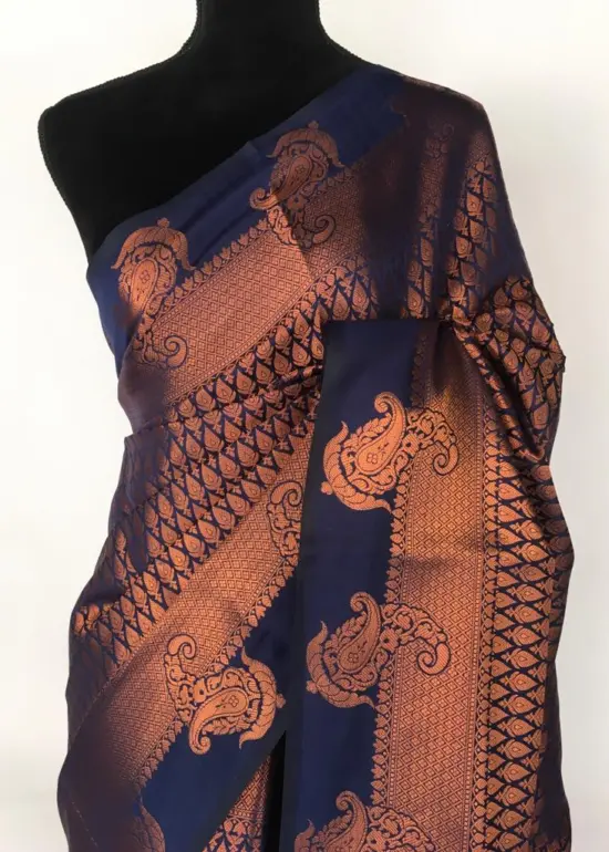Navy blue Banarasi Silk Saree highlighted with zari weaves