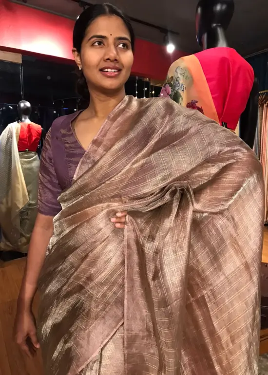 Mauve Tissue Silk Saree highlighted with Zari Checks