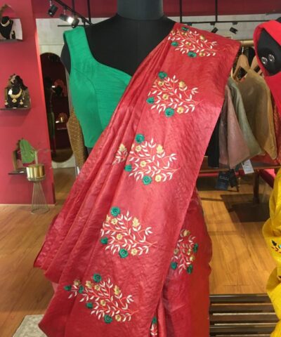 Red Embroidered Tussar Silk Saree