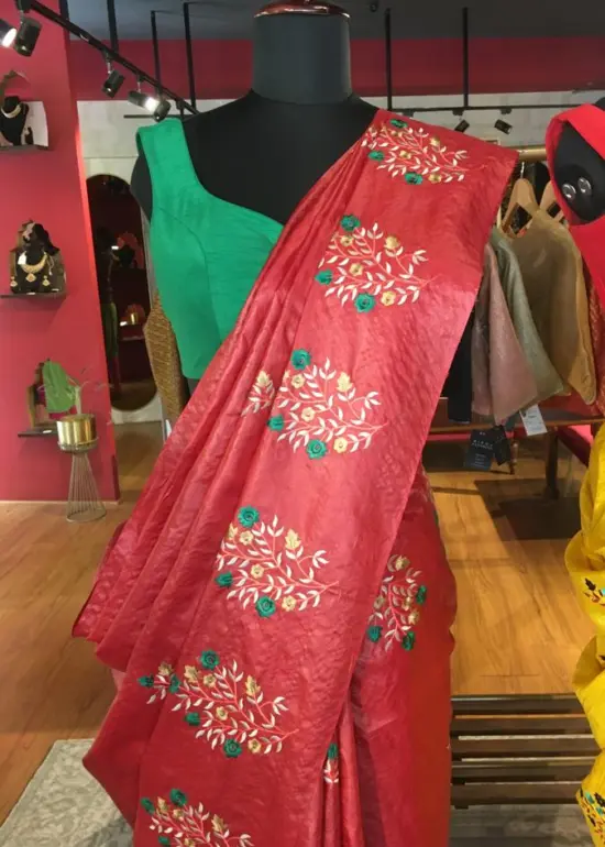 Red Embroidered Tussar Silk Saree