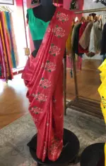 Red Embroidered Tussar Silk Saree - Image 2