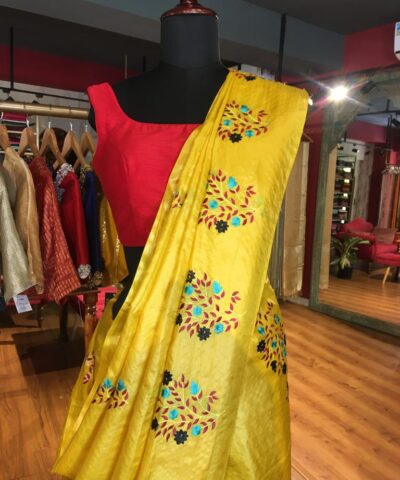 Yellow Embroidered Tussar Silk Saree