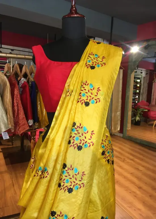 Yellow Embroidered Tussar Silk Saree