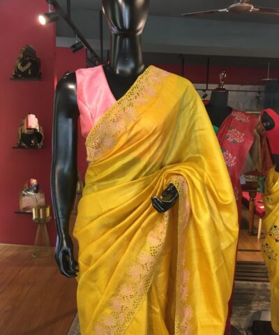 Yellow  Embroidered Tussar Silk Saree