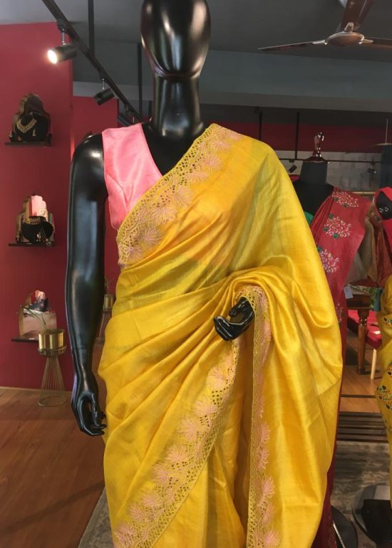 Yellow  Embroidered Tussar Silk Saree