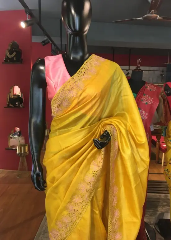 Yellow  Embroidered Tussar Silk Saree