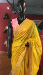 Yellow  Embroidered Tussar Silk Saree - Image 3
