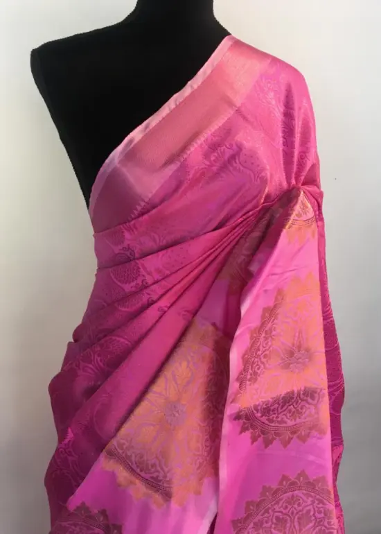 Hot Pink Kora Silk Saree highlighted with zari weaves