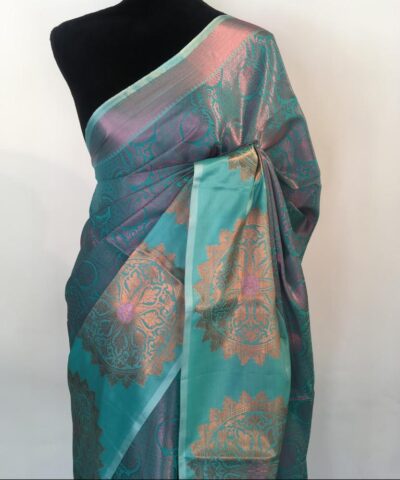 Blue Kora Silk Saree highlighted with zari weaves