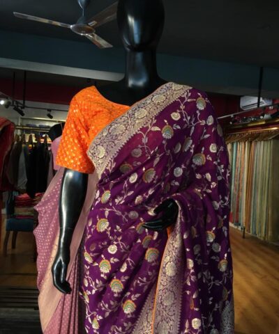 Purple Banarasi Georgette Saree with Woven Floral Weaves