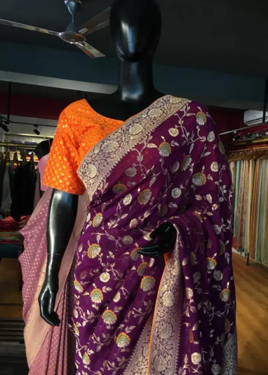 Purple Banarasi Georgette Saree with Woven Floral Weaves