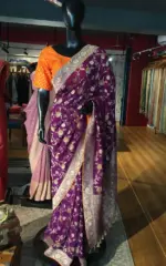 Purple Banarasi Georgette Saree with Woven Floral Weaves - Image 3