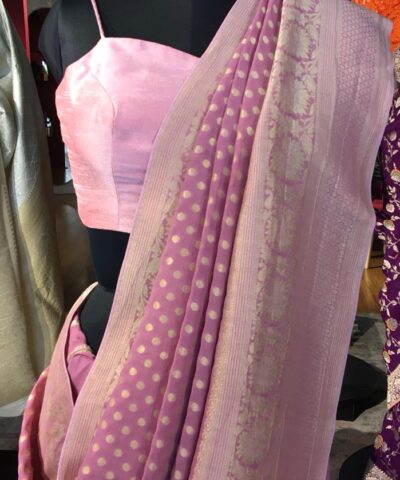 Pink Banarasi Silk Saree in Georgette adorned with Gold Zari Weaves