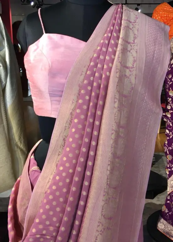 Pink Banarasi Silk Saree in Georgette adorned with Gold Zari Weaves