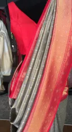 Grey Banarasi Silk Saree highlighted with gold and silver zari weaves - Image 5