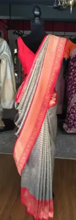 Grey Banarasi Silk Saree highlighted with gold and silver zari weaves - Image 3