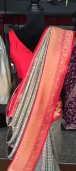 Grey Banarasi Silk Saree highlighted with gold and silver zari weaves - Image 4