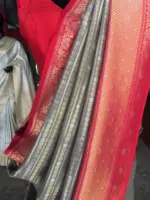 Grey Banarasi Silk Saree highlighted with gold and silver zari weaves - Image 2