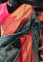 Aqua Blue Banarasi Silk Saree highlighted with gold and silver zari weaves - Image 5