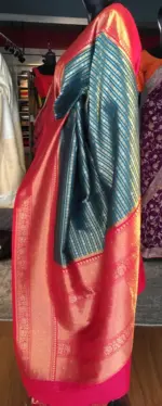 Aqua Blue Banarasi Silk Saree highlighted with gold and silver zari weaves - Image 2