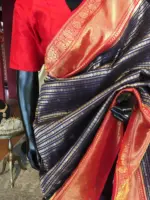 Navy Blue Banarasi Silk Saree highlighted with gold and silver zari weaves - Image 5